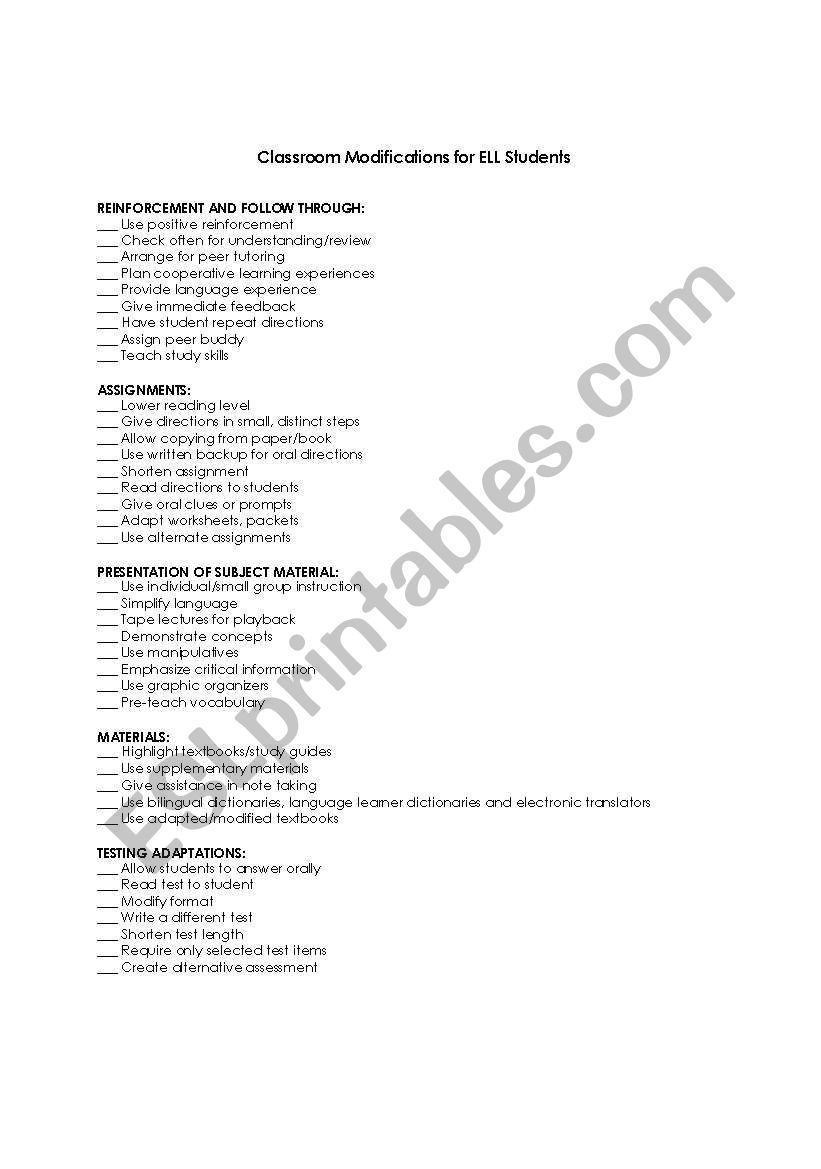 Classroom Modifications for ELL