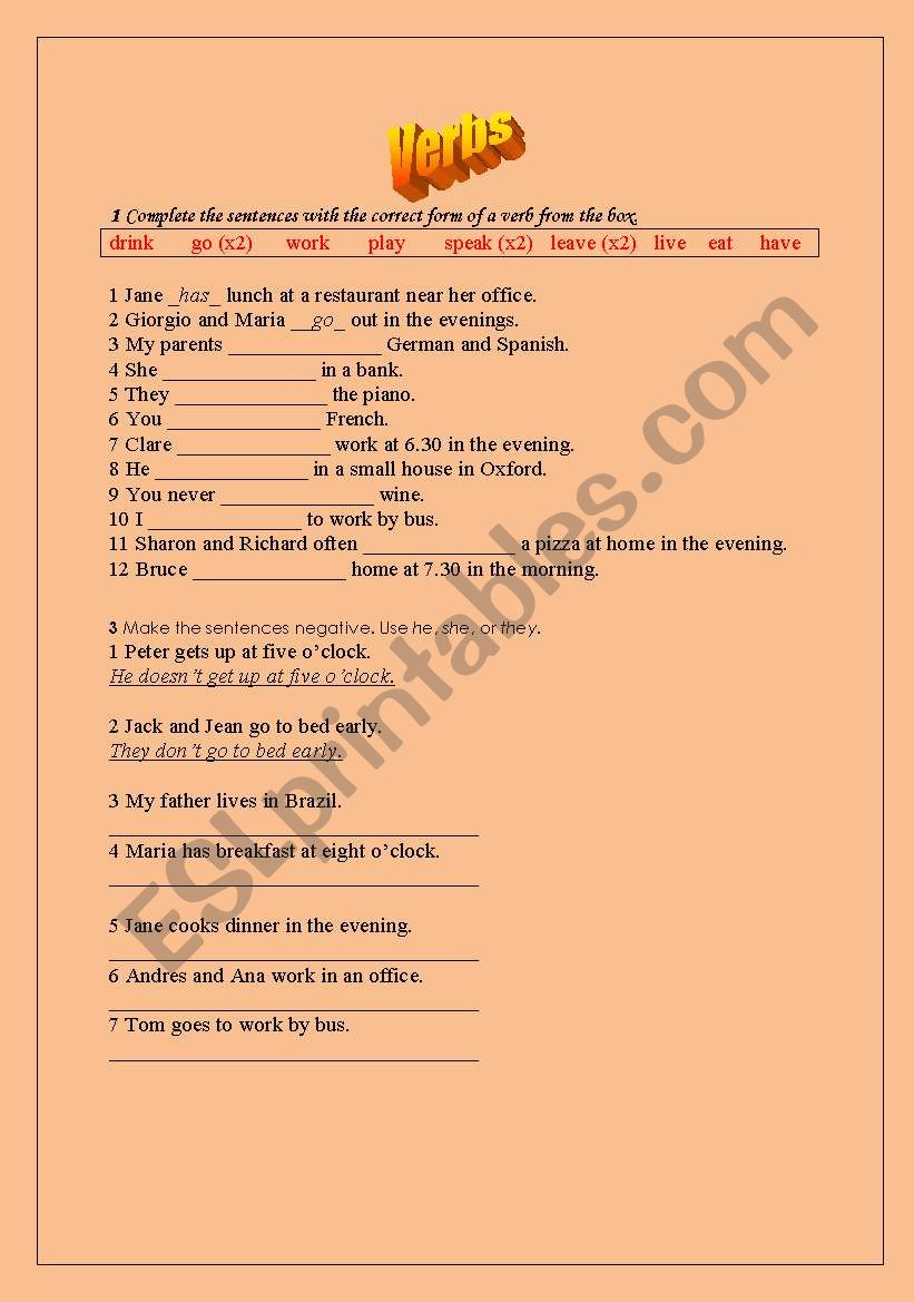 Verbs worksheet