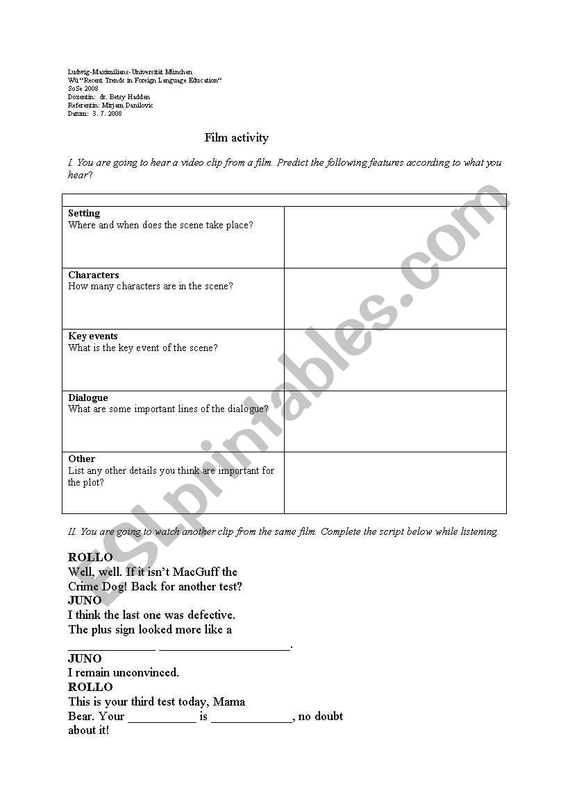 Juno - film activity worksheet