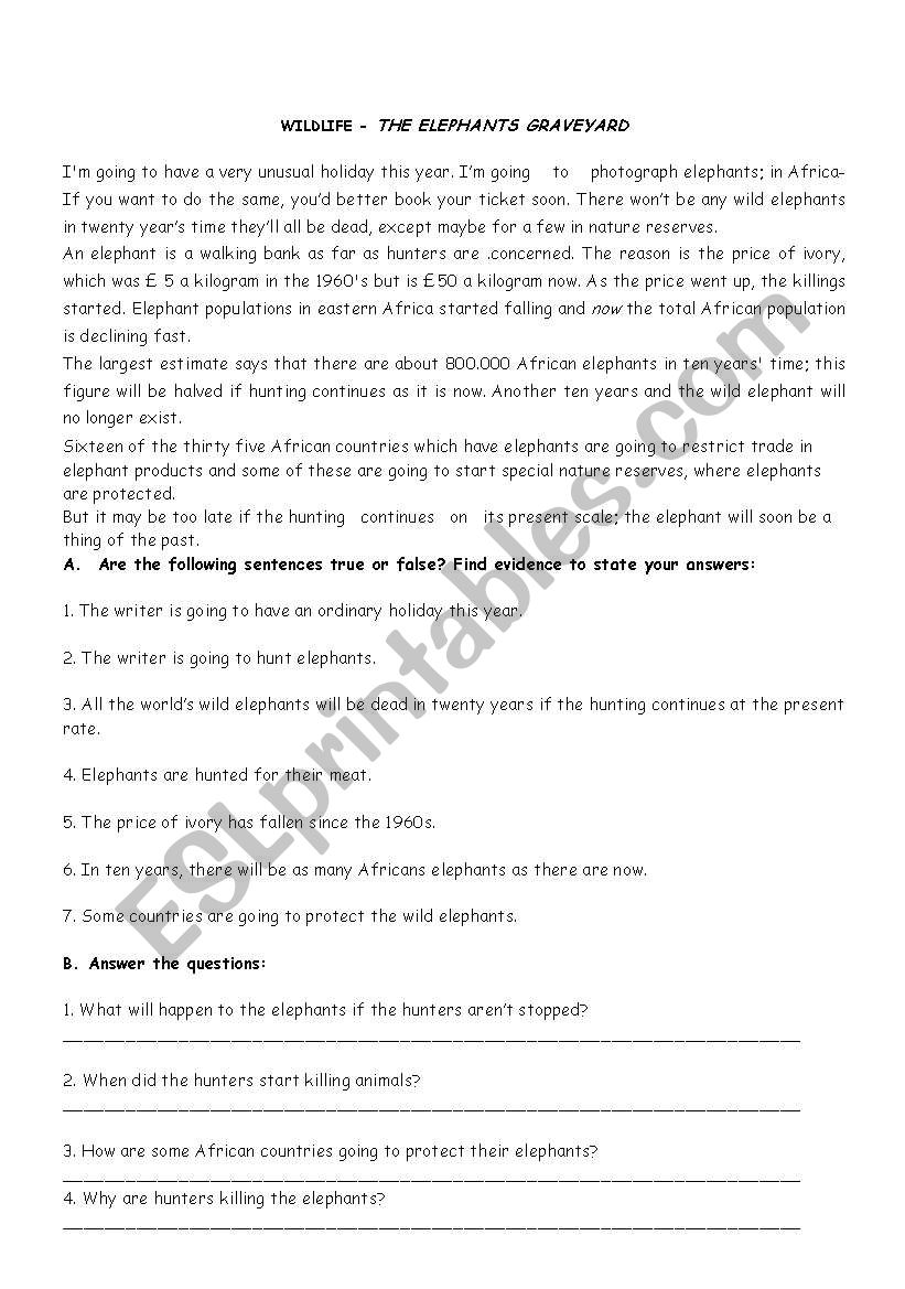 Readind about wild life worksheet