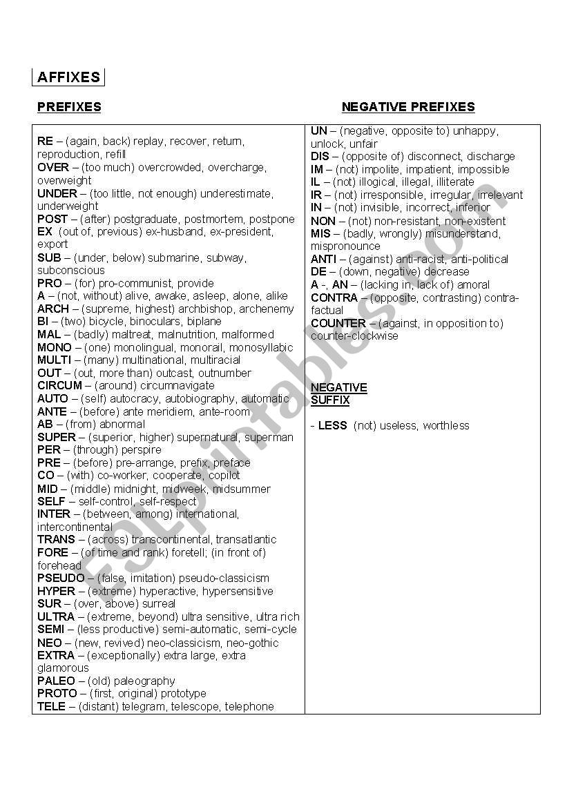 Affixes worksheet