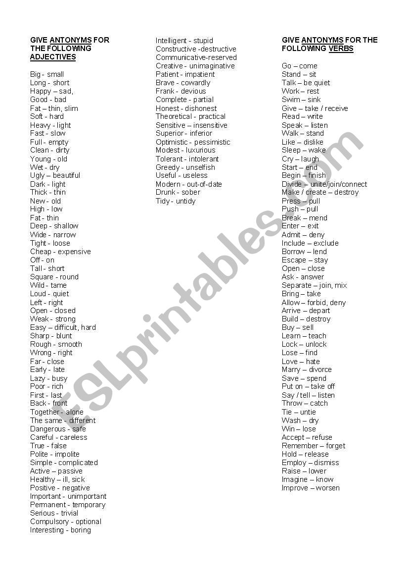 opposites - adjectives and verbs