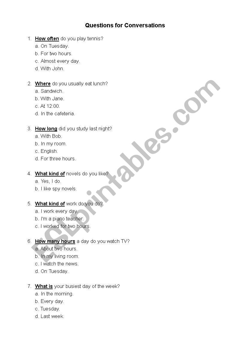 Questions for Conversation worksheet
