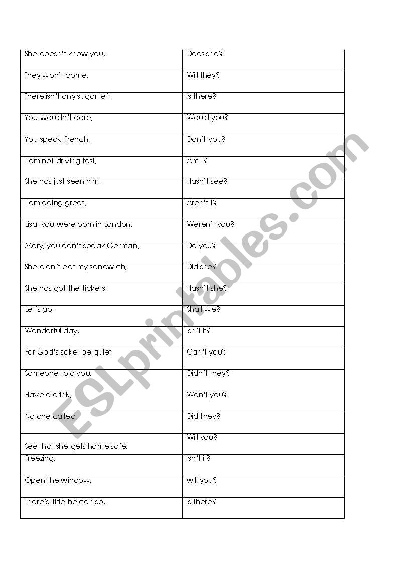 Tag questions activity cards  worksheet