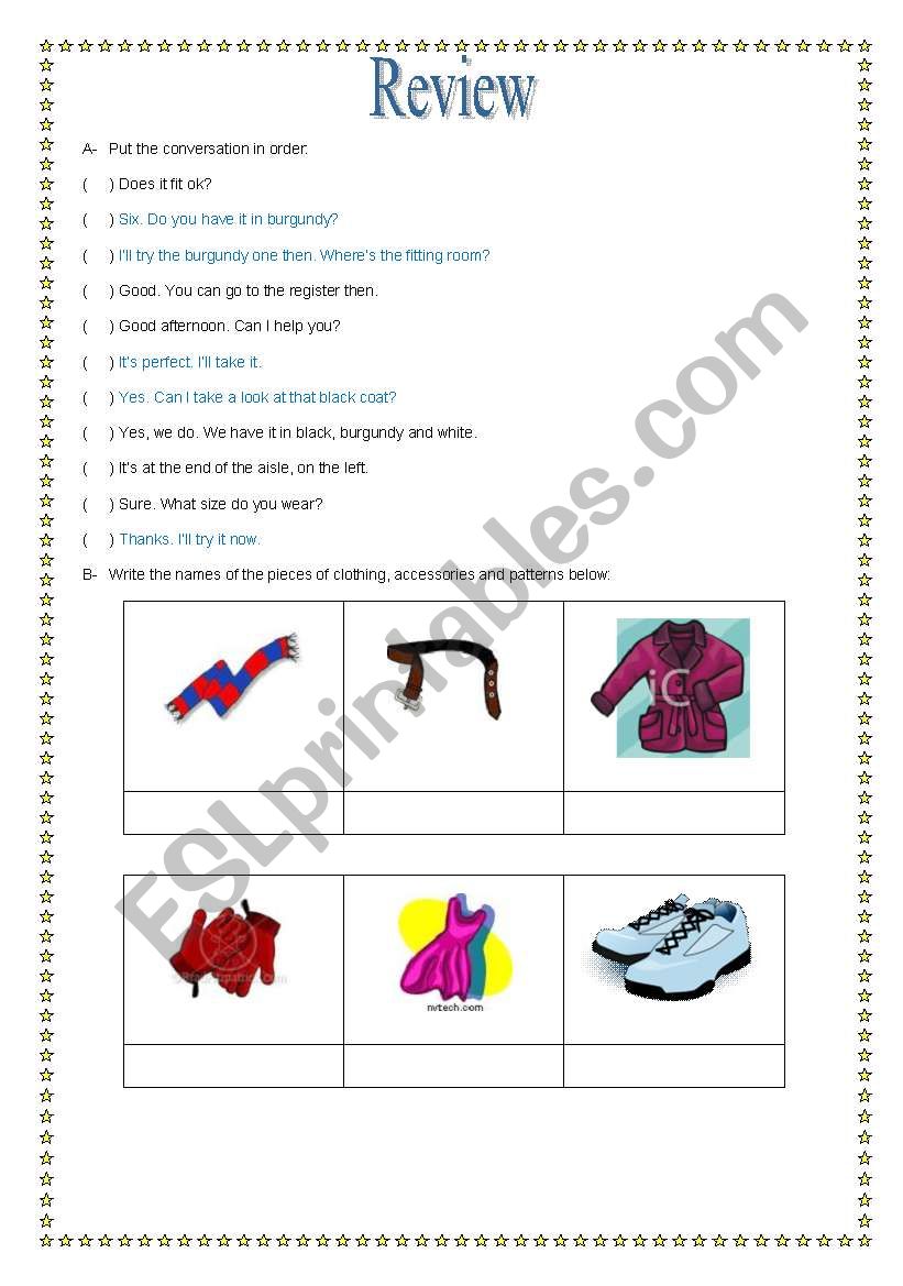 Review- shopping for clothes, pieces of clothing and accessories, patterns, describing people and adjectives