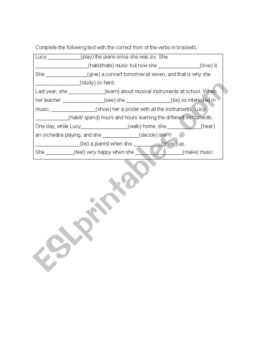 Verb passage worksheet