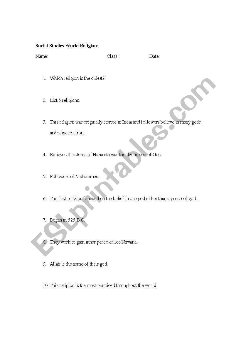 World Religion worksheet