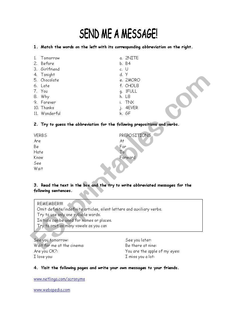 Send me a message worksheet