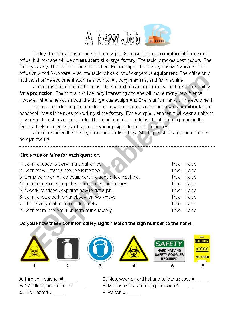 Factory Job and Safety worksheet