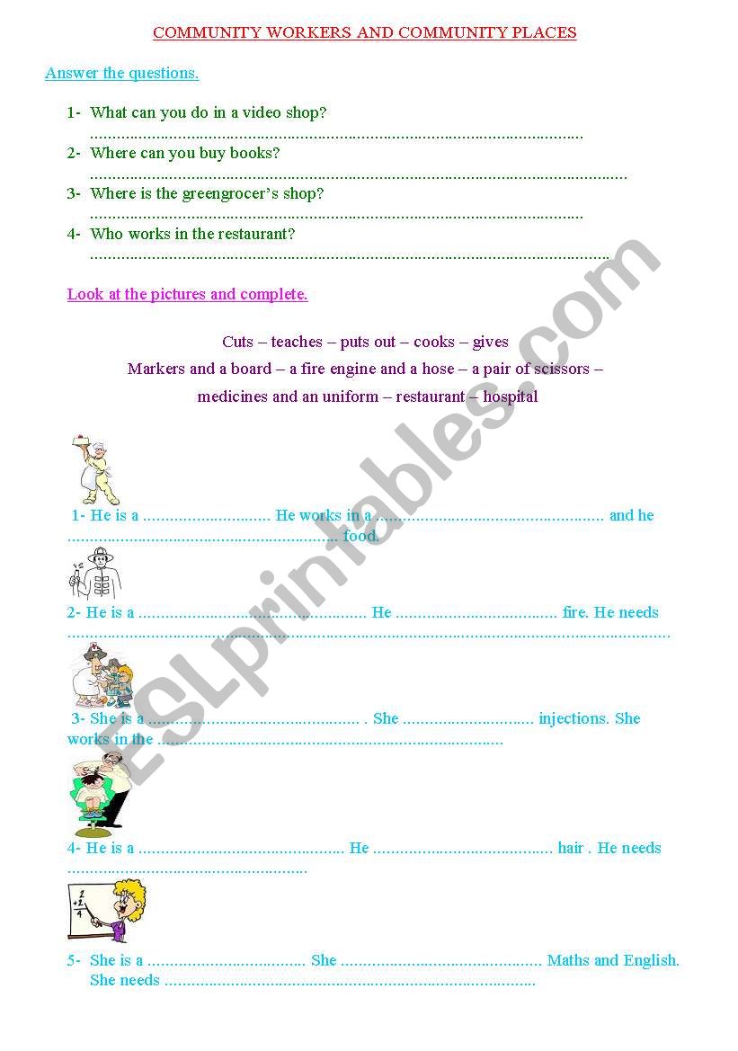 COMMUNITY WORKERS AND PLACES worksheet