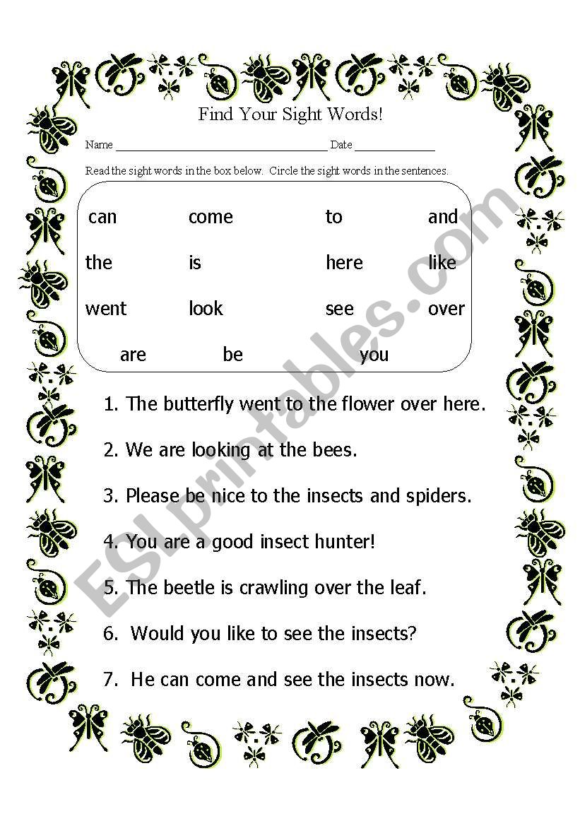 Sight Words - read and find worksheet