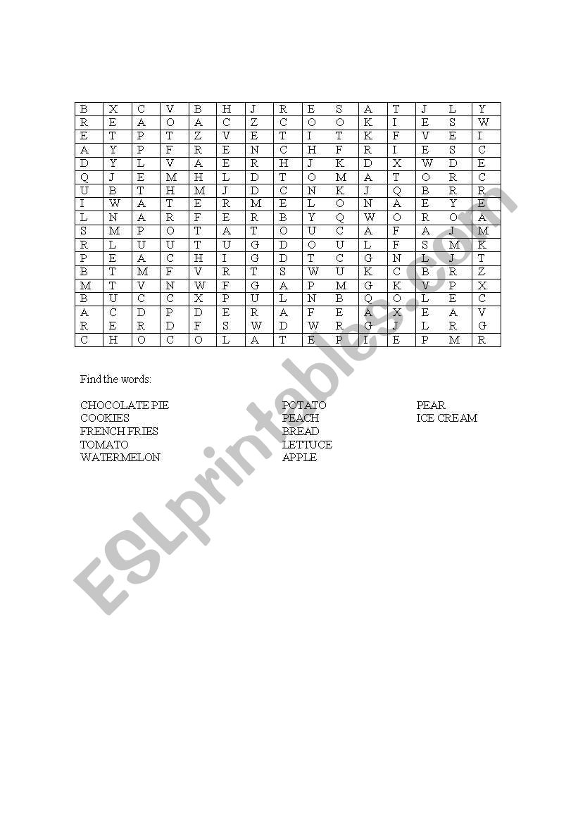 Food word search worksheet