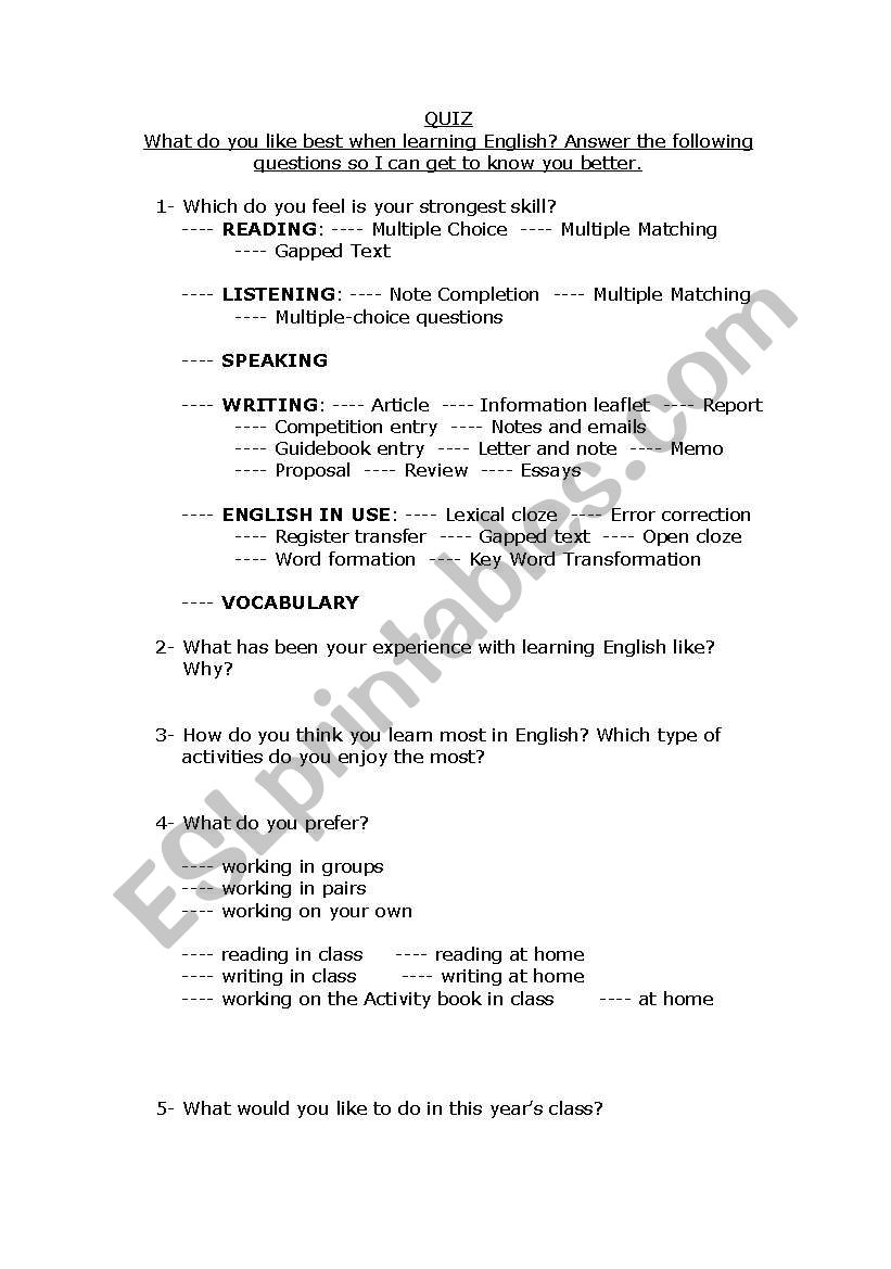 Advanced level quiz: worksheet