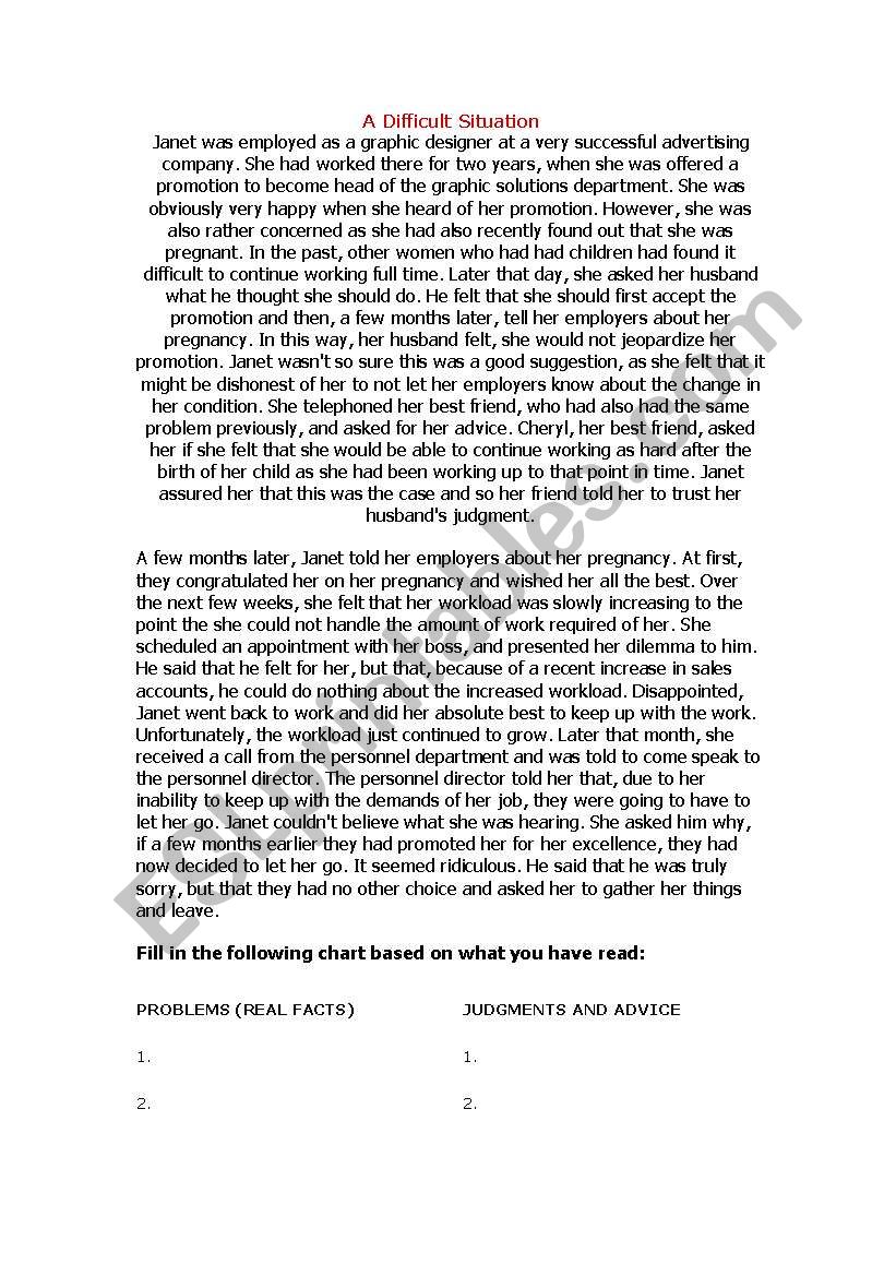 A difficult situation worksheet