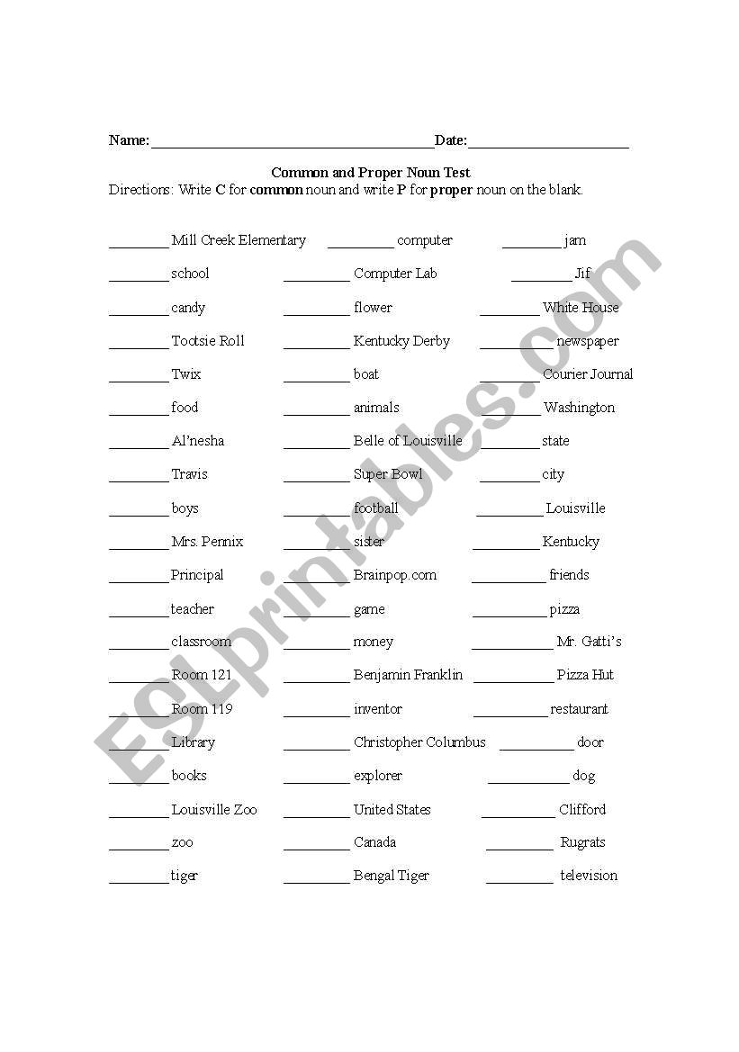 Common and Proper Nouns worksheet