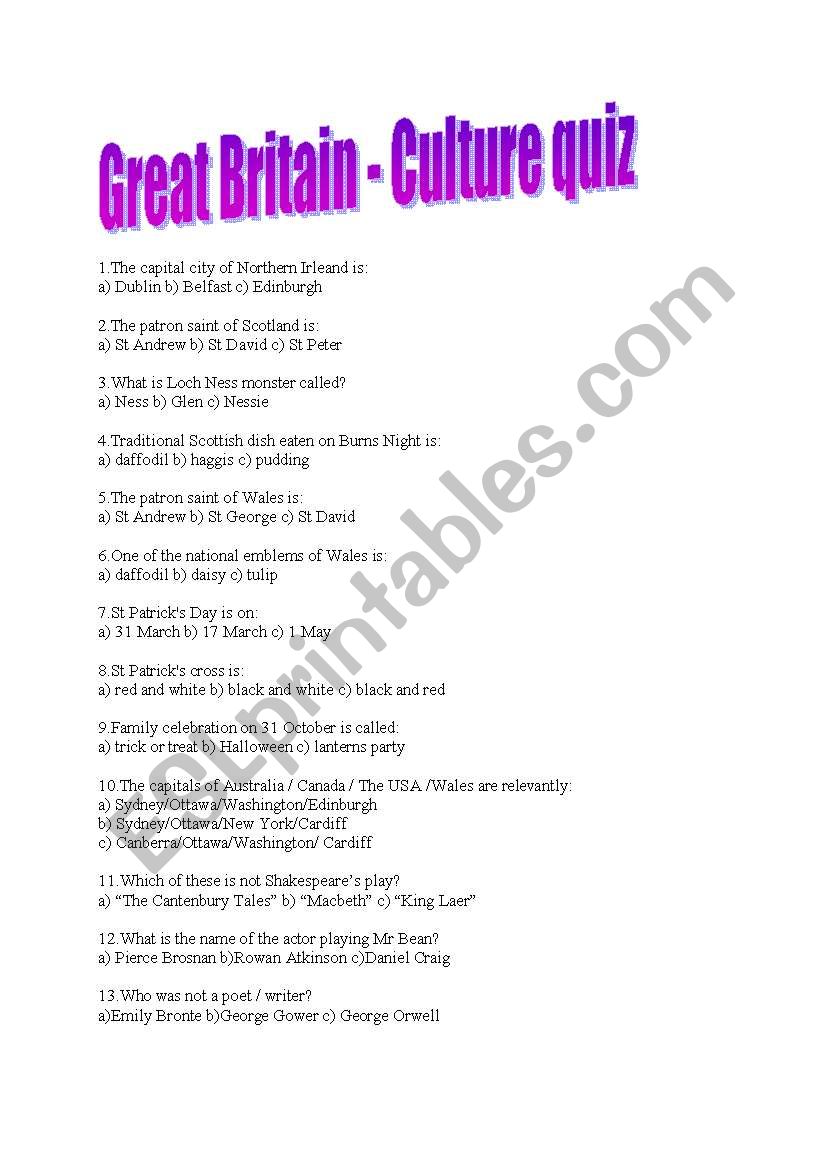 Great Britain  - quiz worksheet