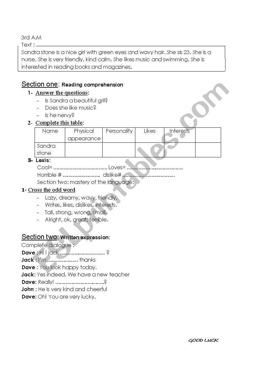 test for 3rd grade worksheet