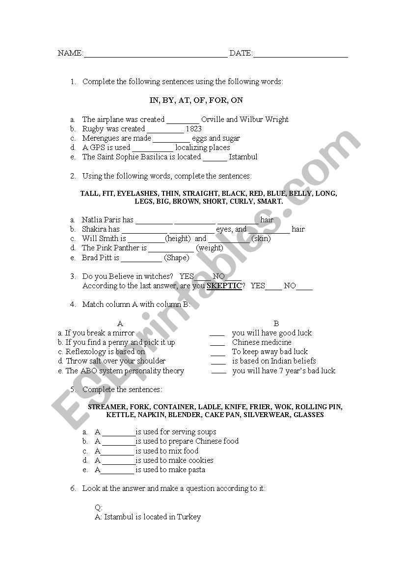 English test worksheet