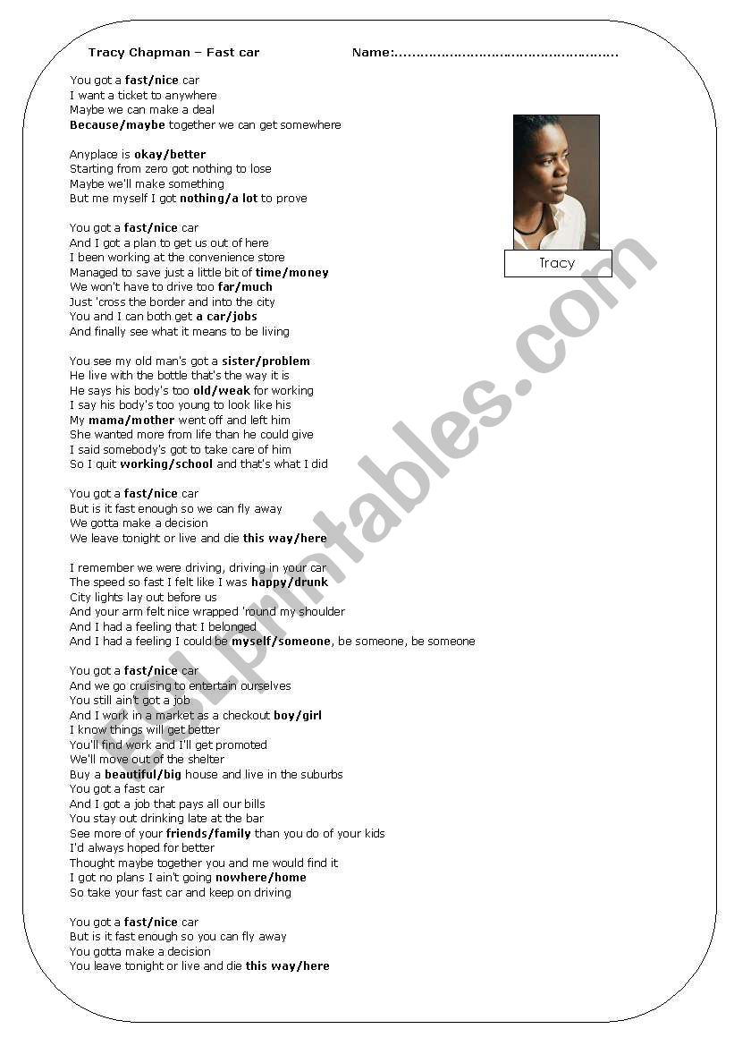 Song Tracy Chapman Fast Car worksheet
