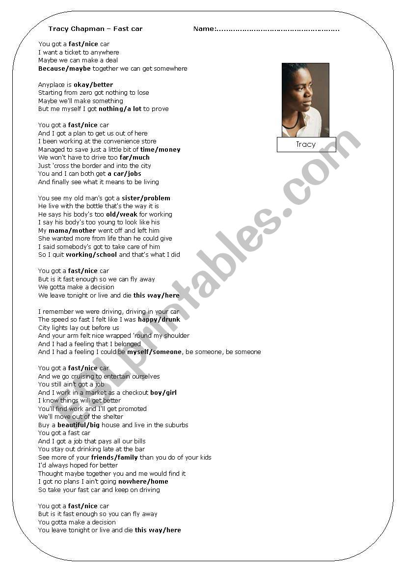 English Worksheets Song Tracy Chapman Fast Car