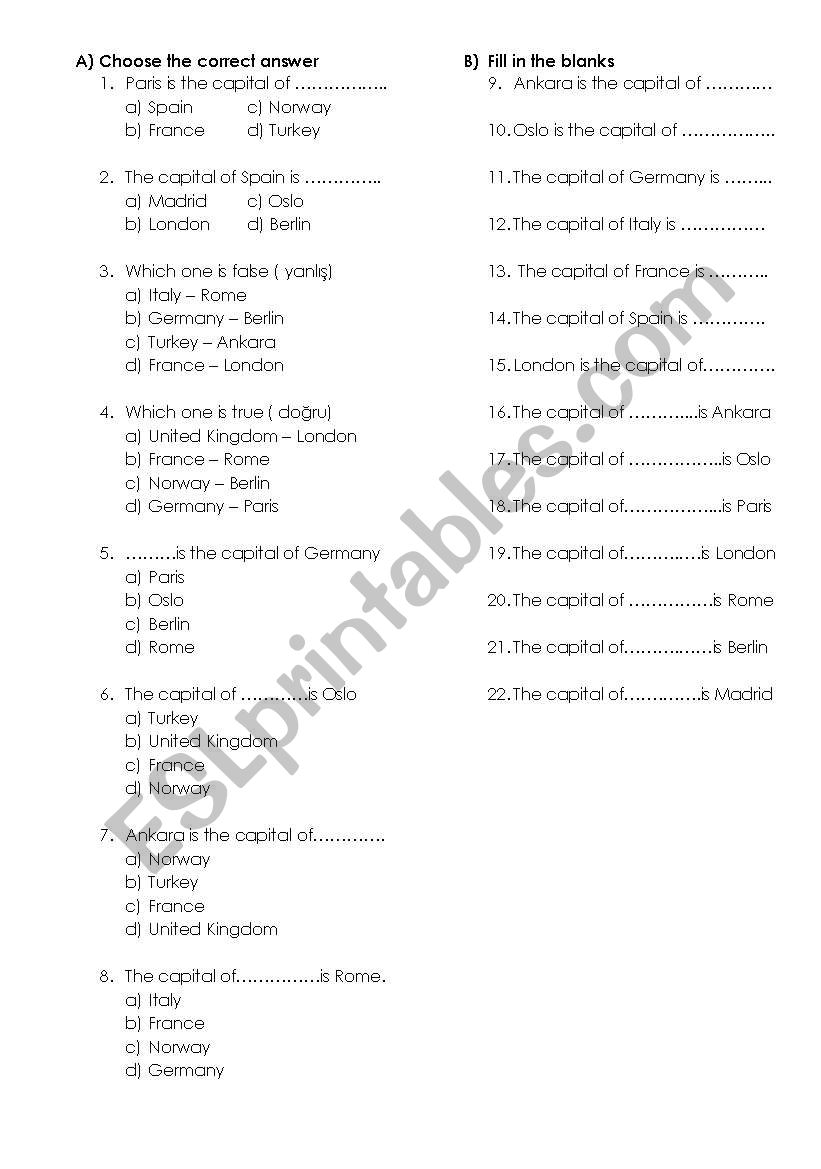 capitals of countries worksheet
