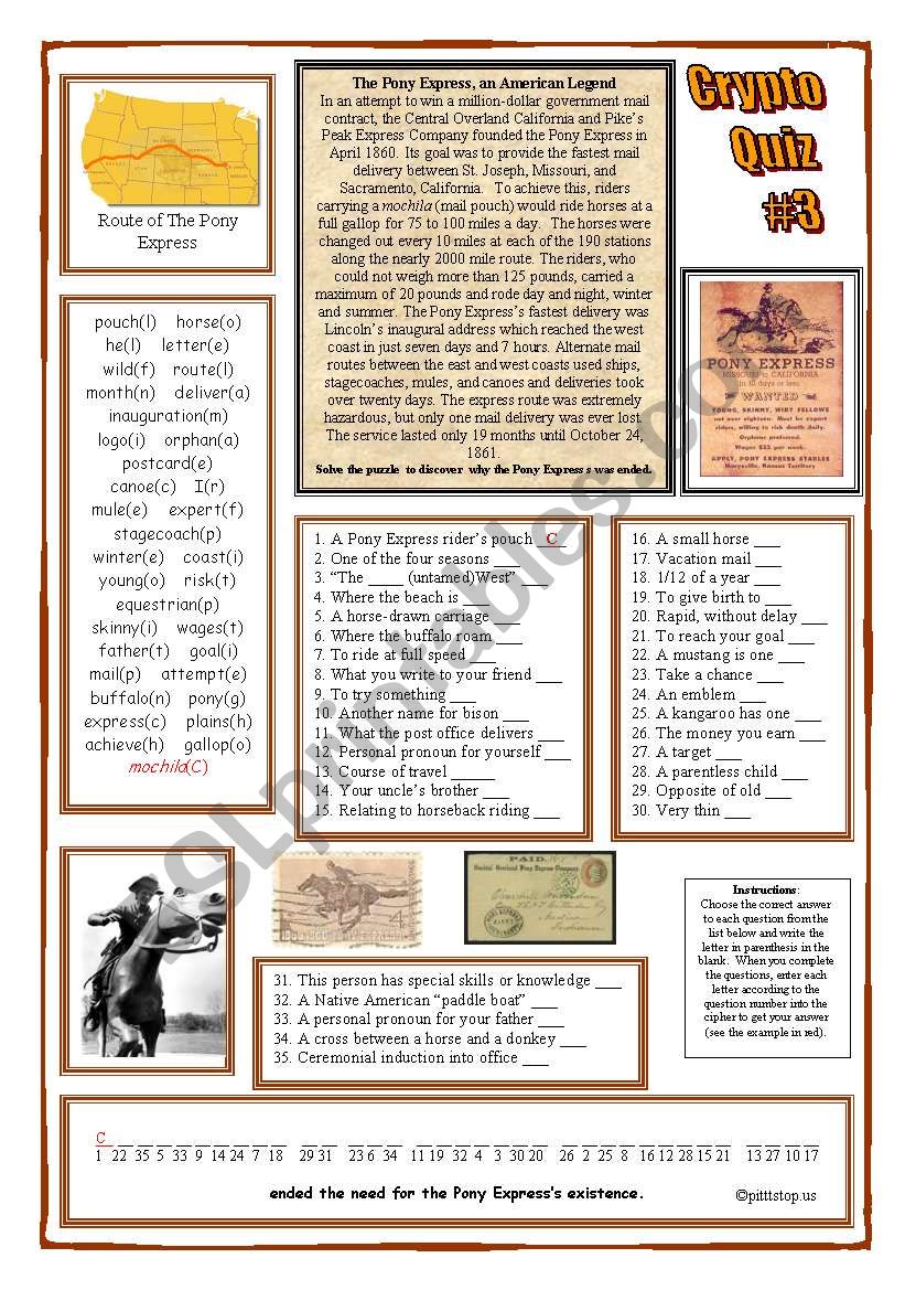 Crypto Quiz #3 Pony Express worksheet