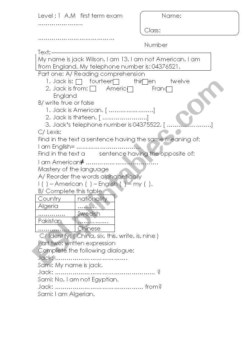 test for grade 01 worksheet