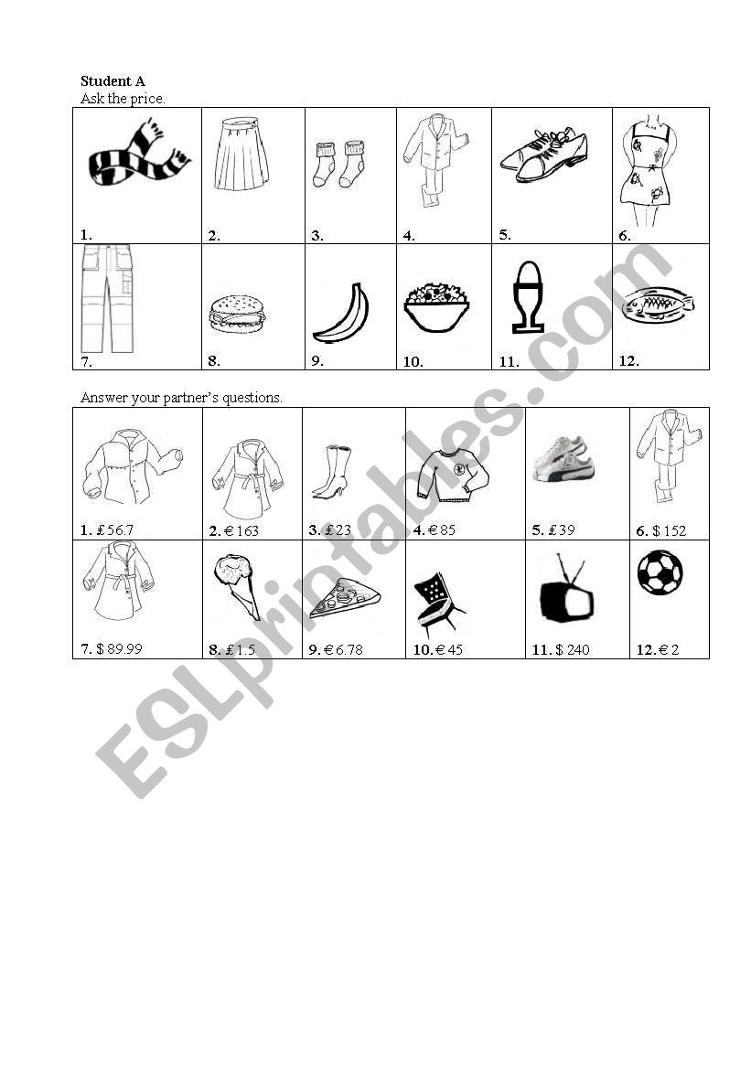 Prices Information Gap worksheet