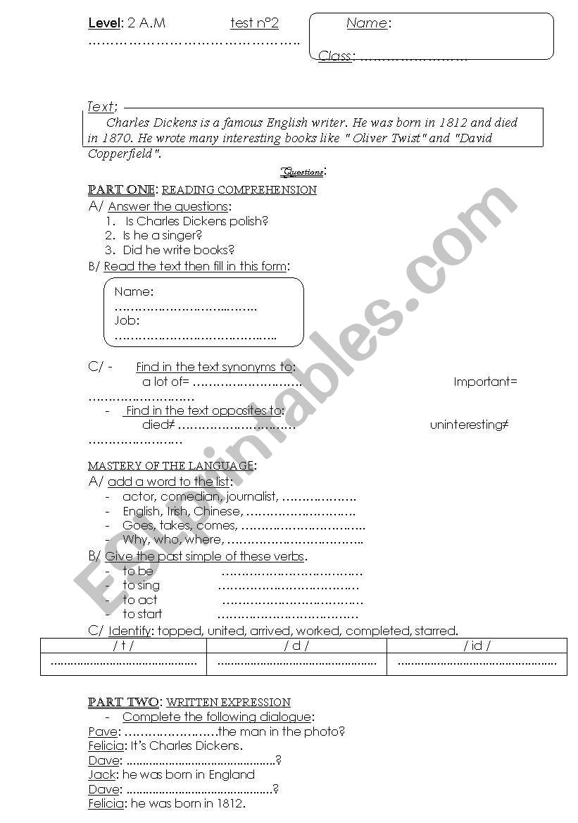 test for 2nd grade worksheet