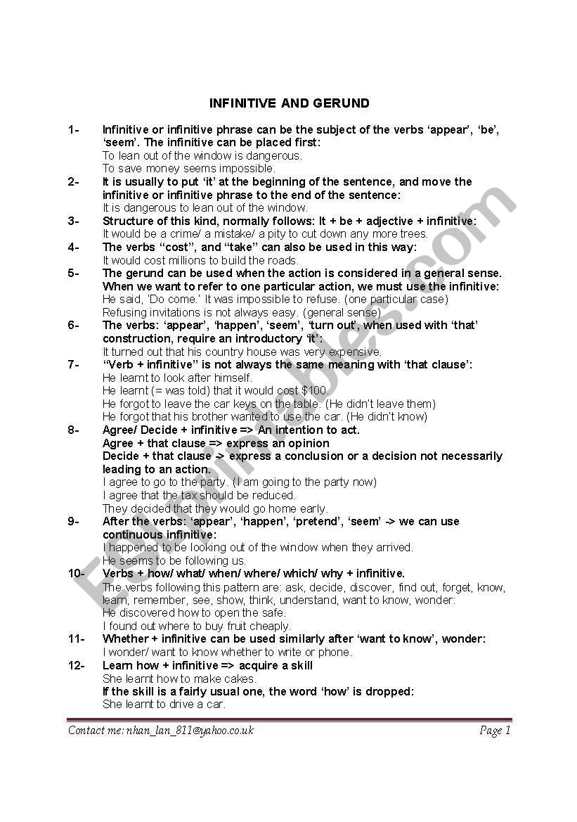 Gerund and/or Infinitive worksheet