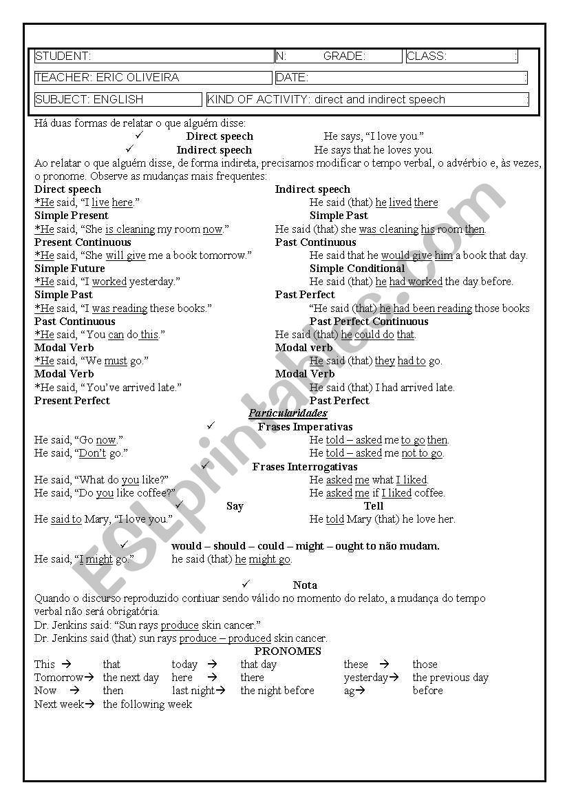 REPORTE SPEECH - DIRECT AND INDIRECT SPEECH