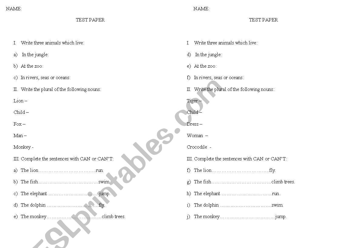 Animals worksheet