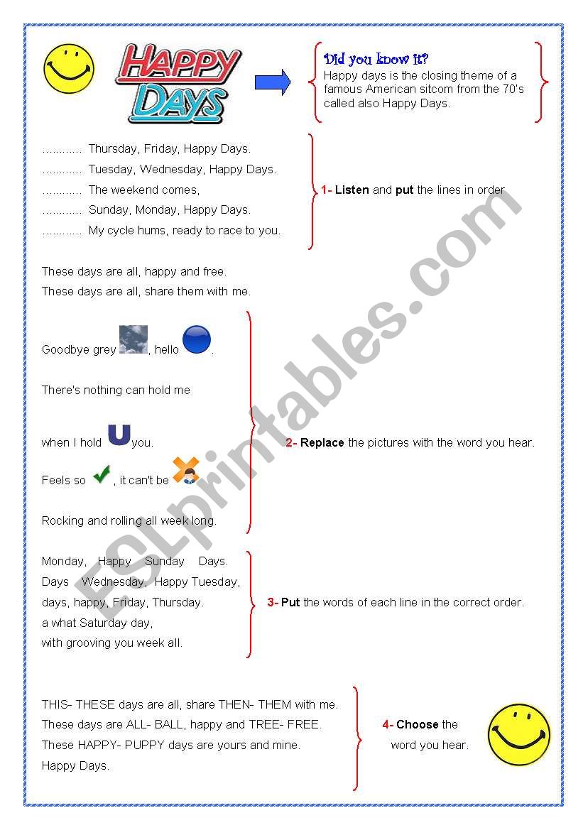 Happy Days (sitcom song) worksheet