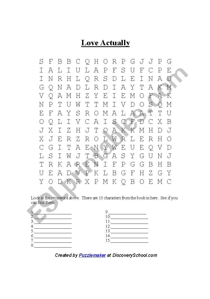 Love Actually Wordsearch worksheet