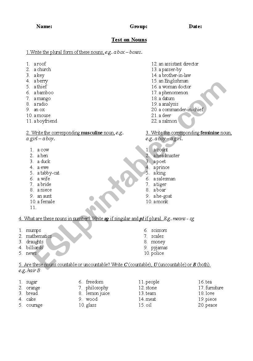 Test on Nouns worksheet