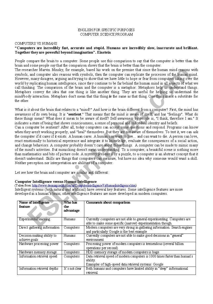 computers vs humans worksheet