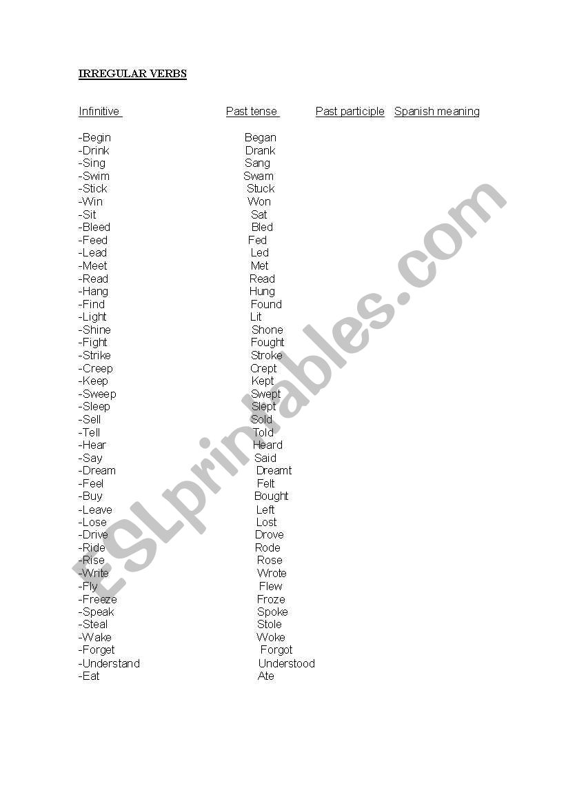 irregular verbs list worksheet