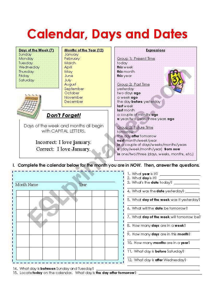 Calendar, Days & Dates Expressions (2 pages)