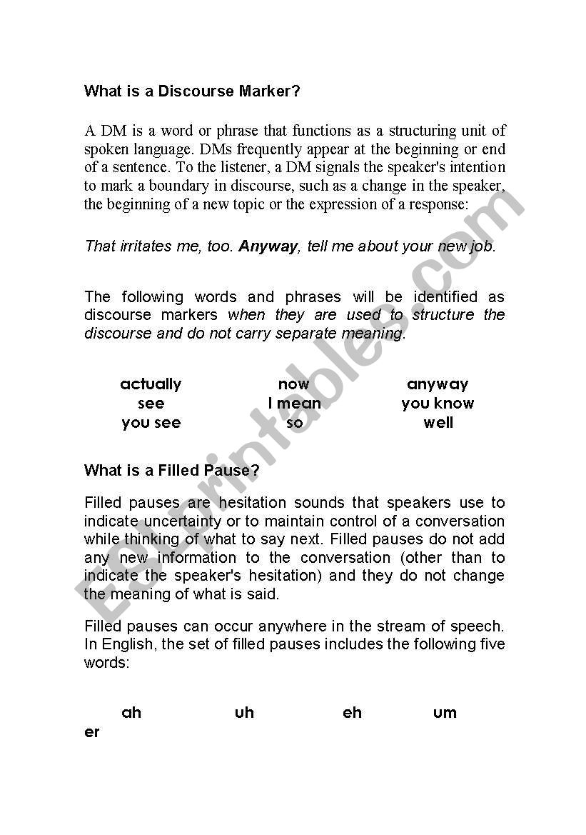 Discourse markers worksheet