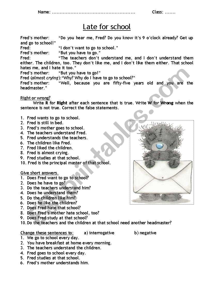 Late for school worksheet