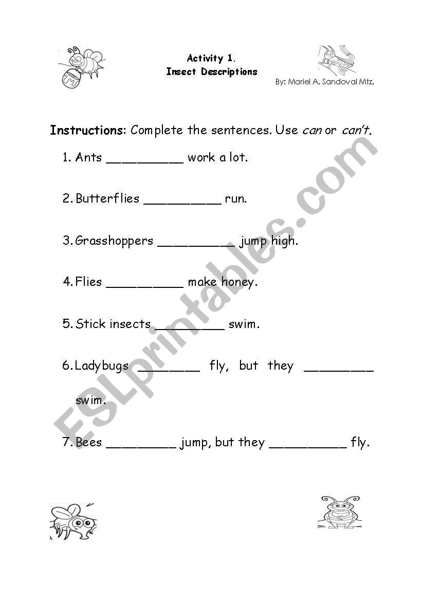 Insects abilities worksheet