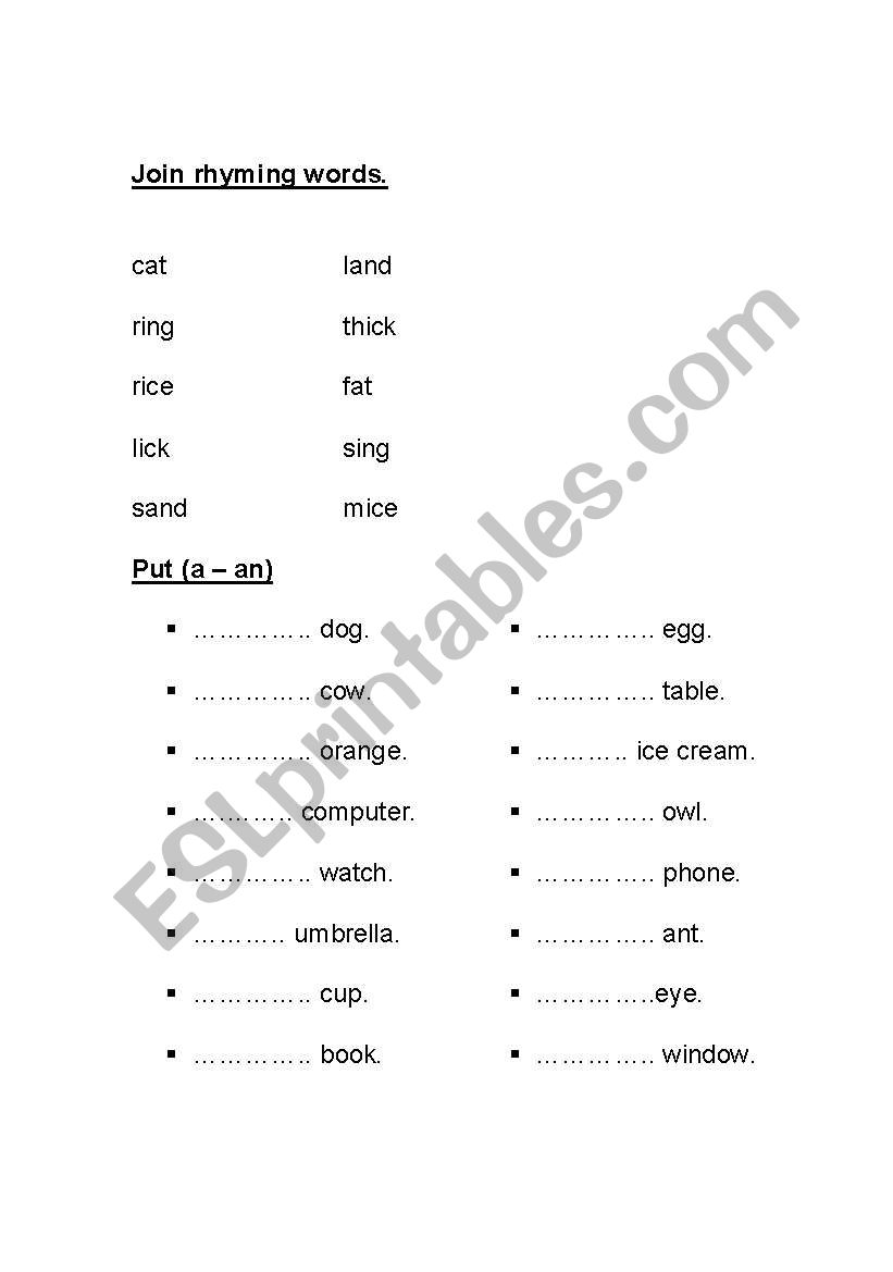 a/an & rhyming words worksheet