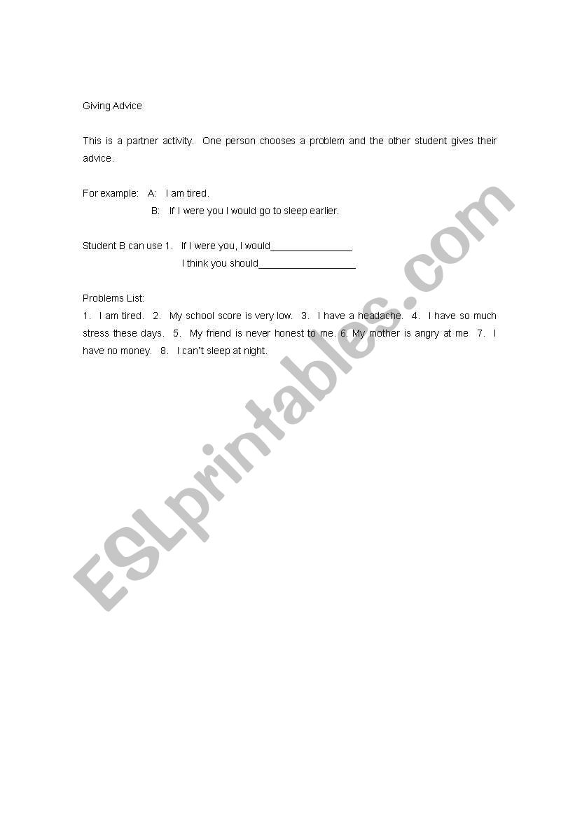 Giving Advice worksheet