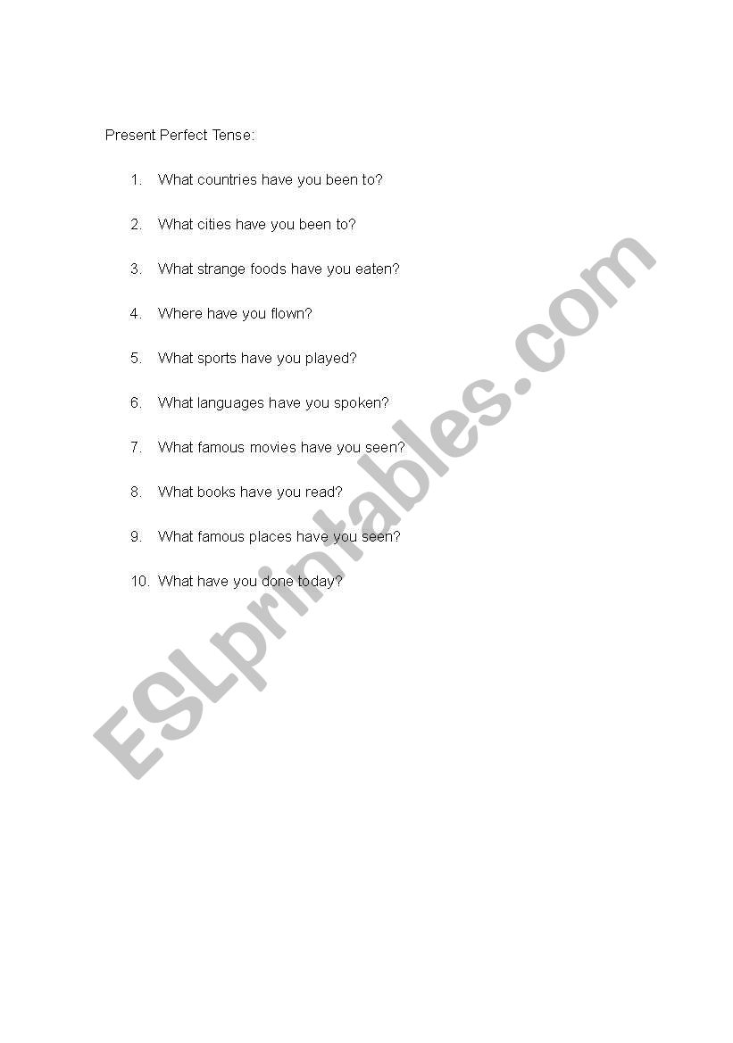 Present Perfect Tense Q and A worksheet