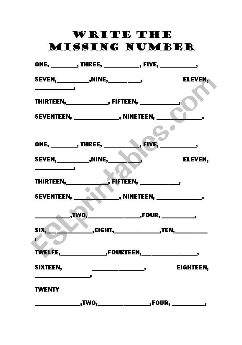 WRITE THE MISSING NUMBER worksheet