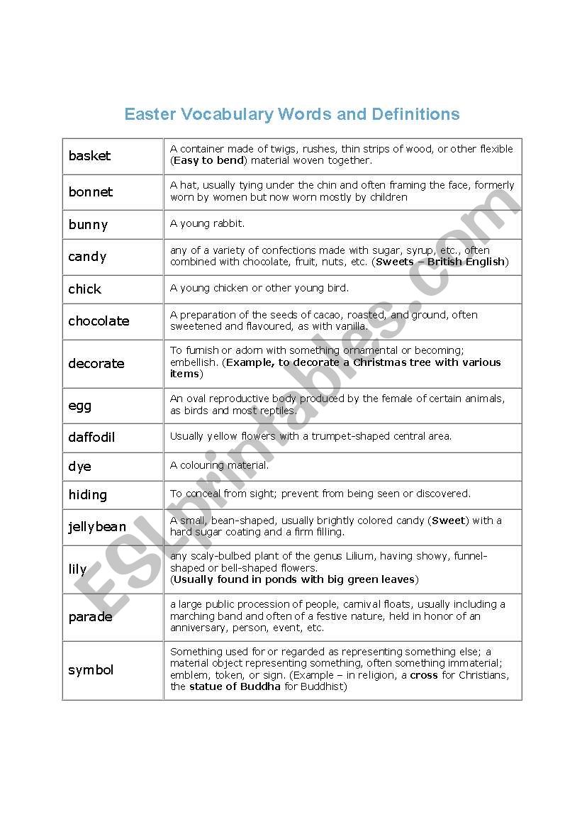 Easter vocabulary and meanings for each word