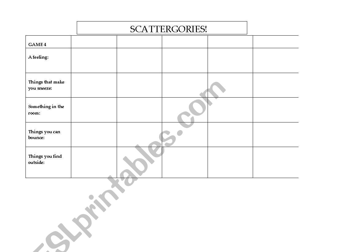 Scattergories! play sheet worksheet