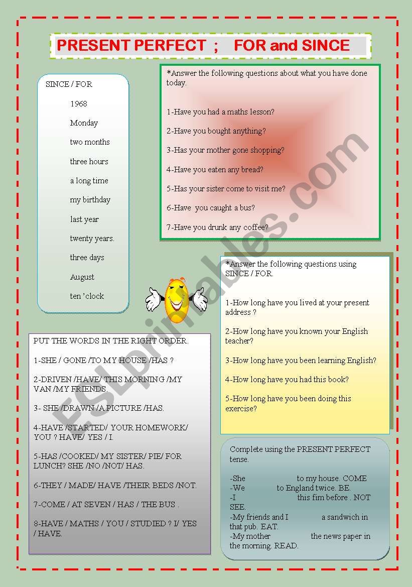 present perfect ; for - since worksheet