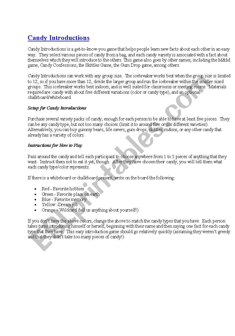 introduction games worksheet