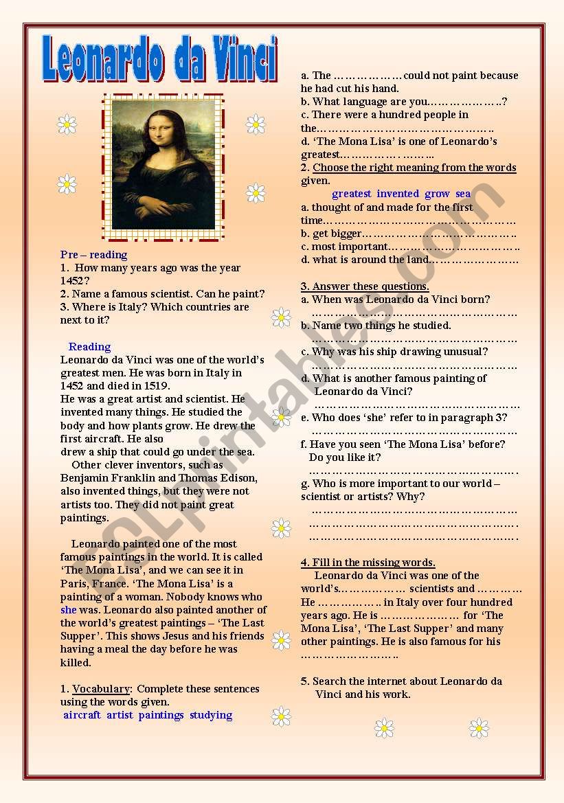 Leonardo da Vinci worksheet